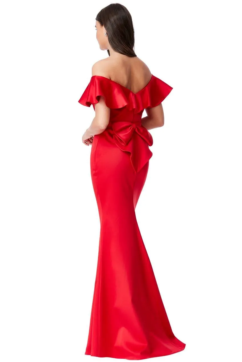 BARDOT FRILL SATIN MAXI DRESS WITH BOW DETAIL DR1392