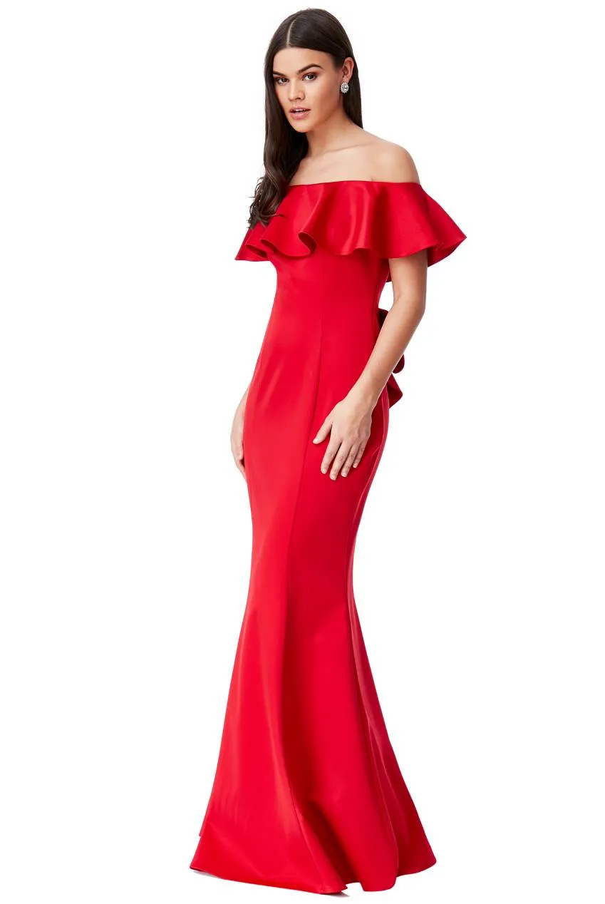 BARDOT FRILL SATIN MAXI DRESS WITH BOW DETAIL DR1392