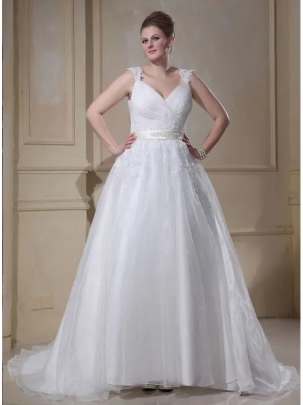 BEBE - A-line V-neck Chapel train Organza Wedding dress