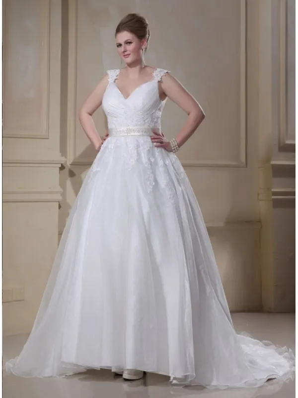 BEBE - A-line V-neck Chapel train Organza Wedding dress