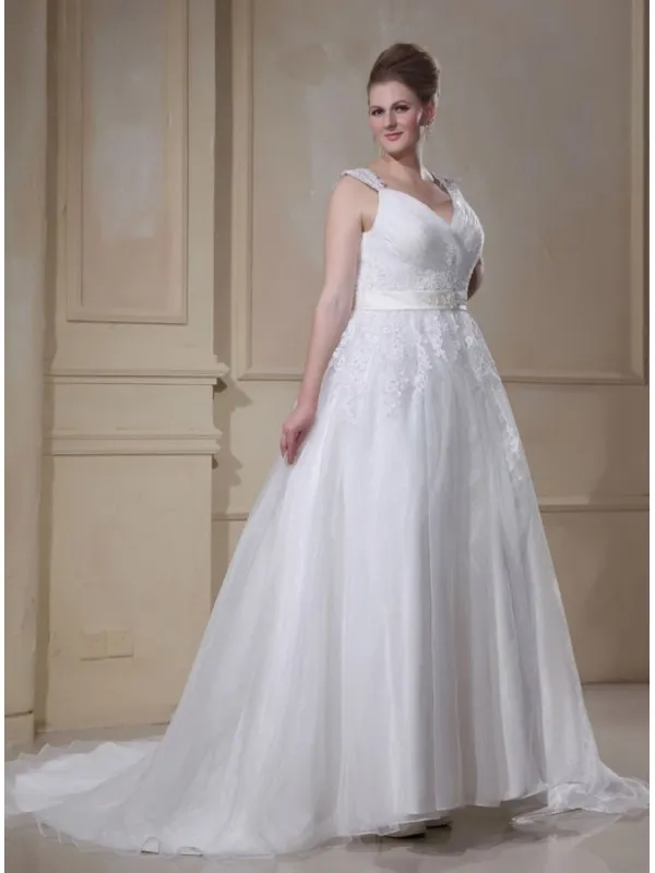 BEBE - A-line V-neck Chapel train Organza Wedding dress