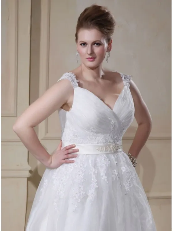 BEBE - A-line V-neck Chapel train Organza Wedding dress