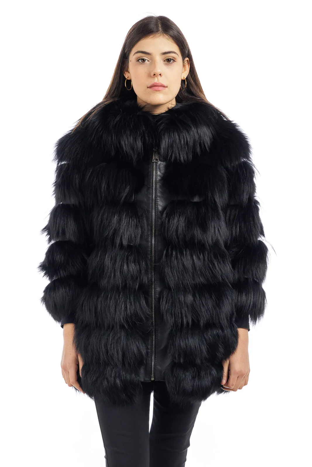 Black fox fur coat with three-quarter sleeve