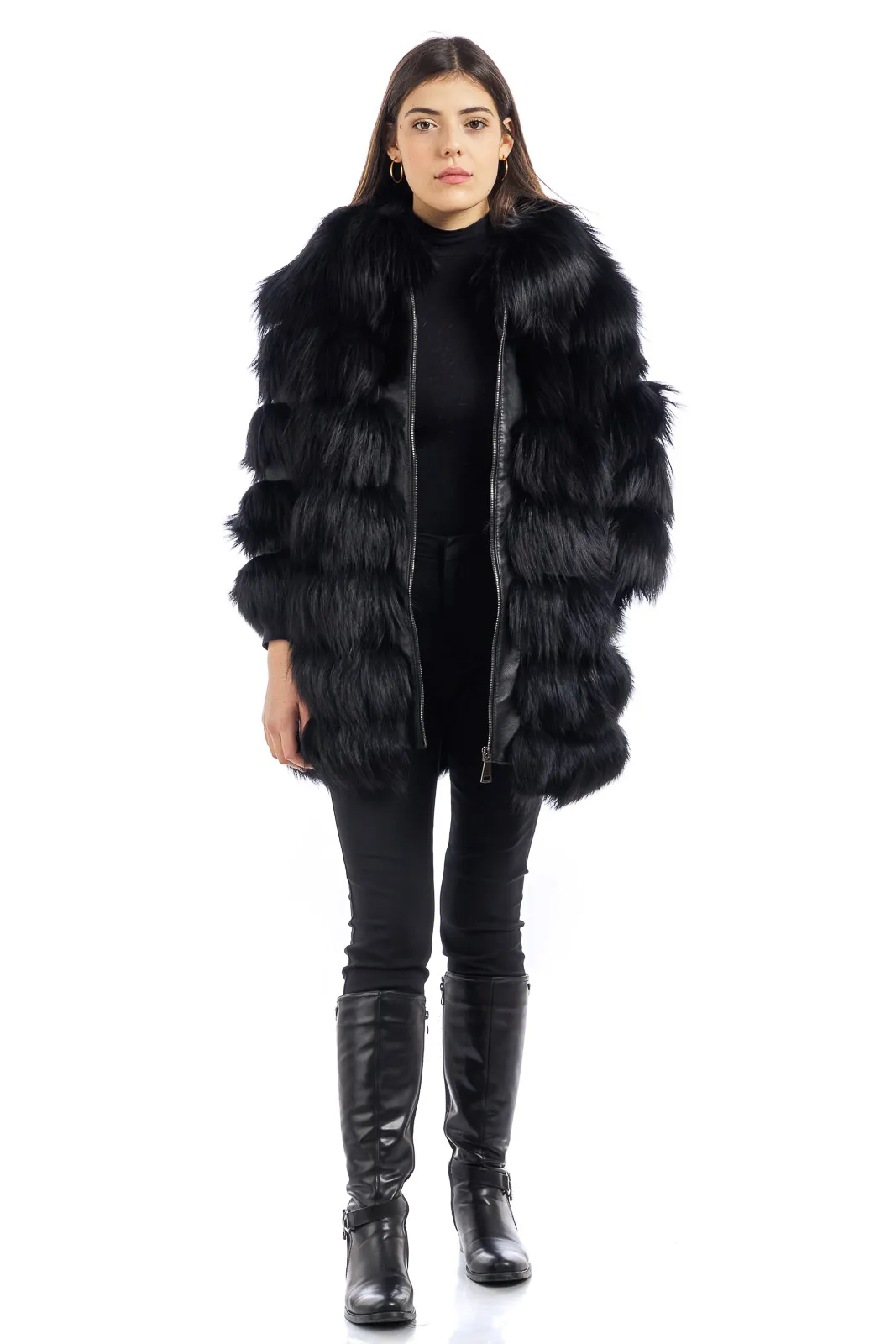 Black fox fur coat with three-quarter sleeve