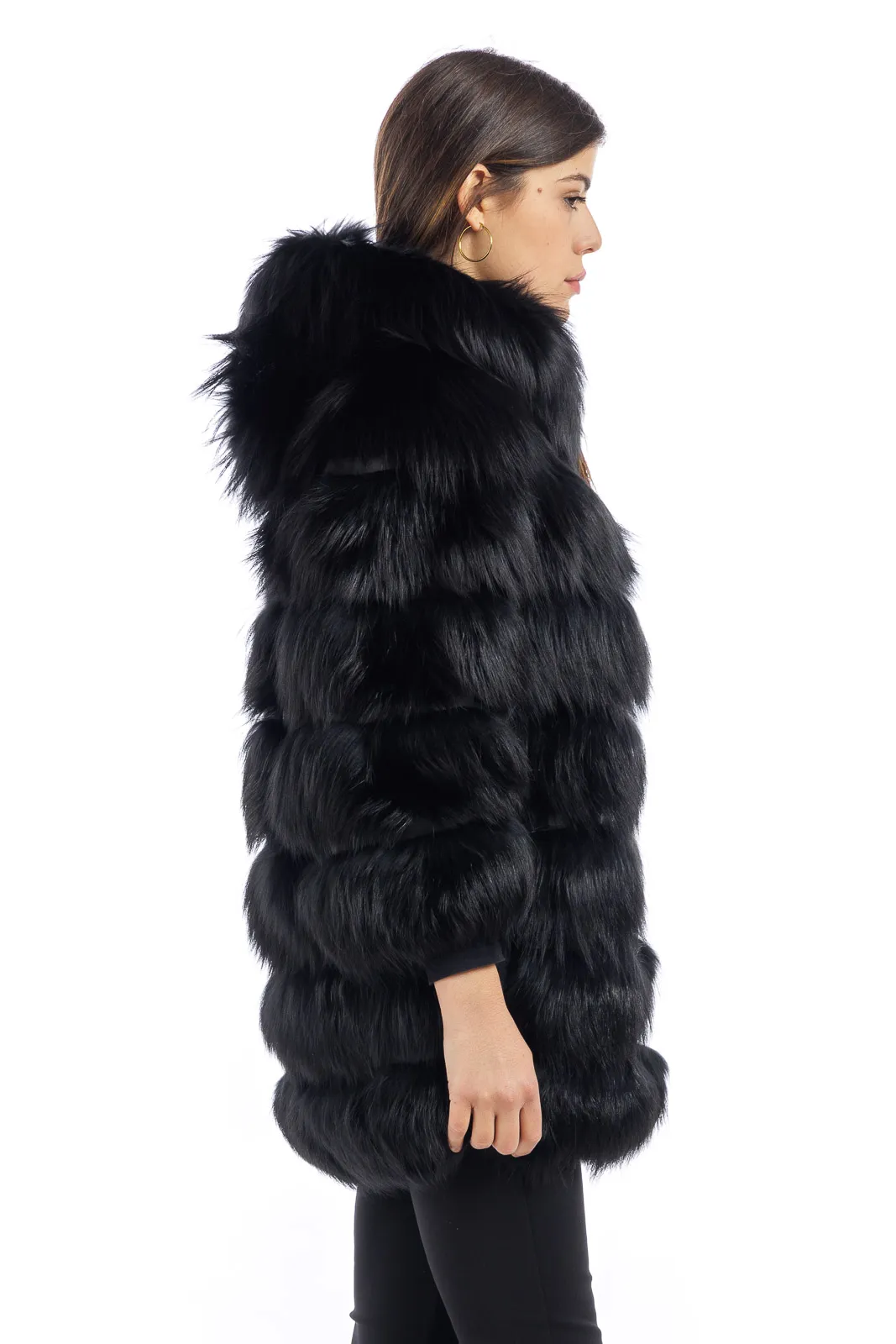 Black fox fur coat with three-quarter sleeve