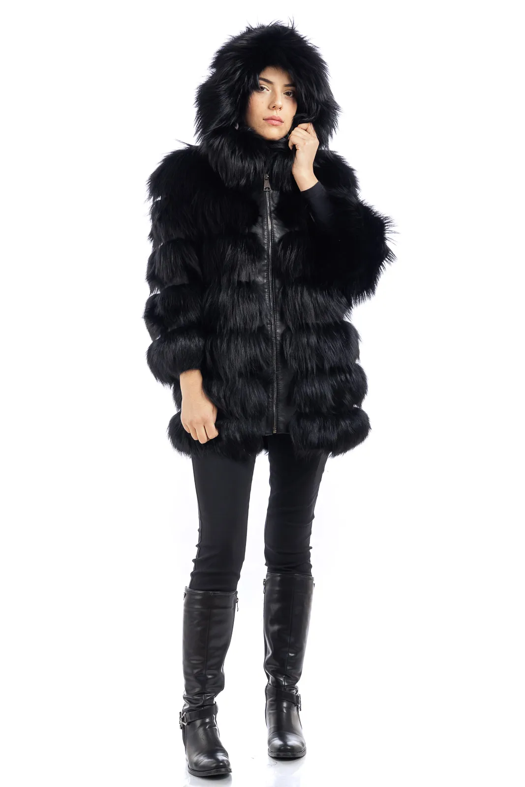 Black fox fur coat with three-quarter sleeve