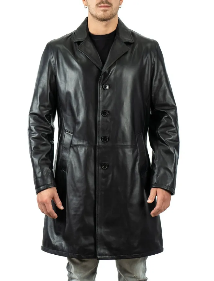 Black genuine leather long coat for men