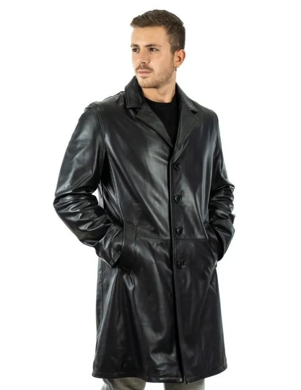 Black genuine leather long coat for men