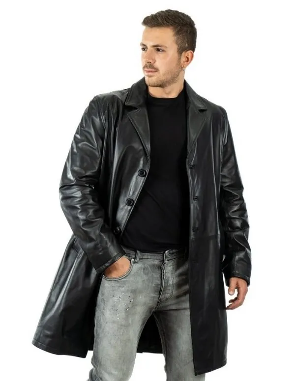 Black genuine leather long coat for men