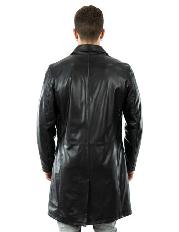 Black genuine leather long coat for men