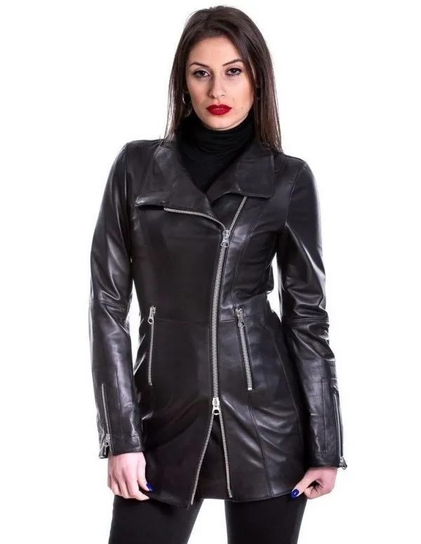 Black genuine leather women's coat