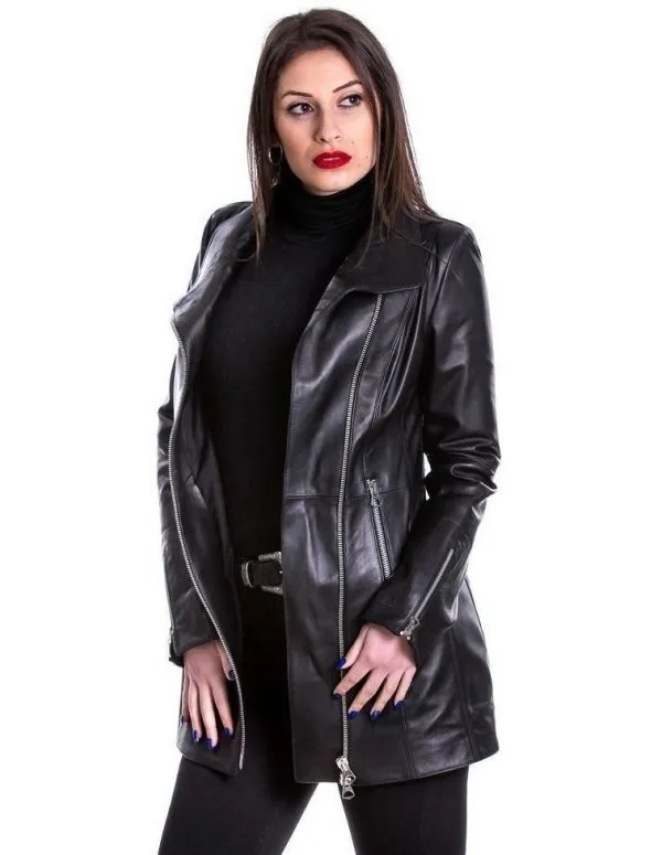 Black genuine leather women's coat