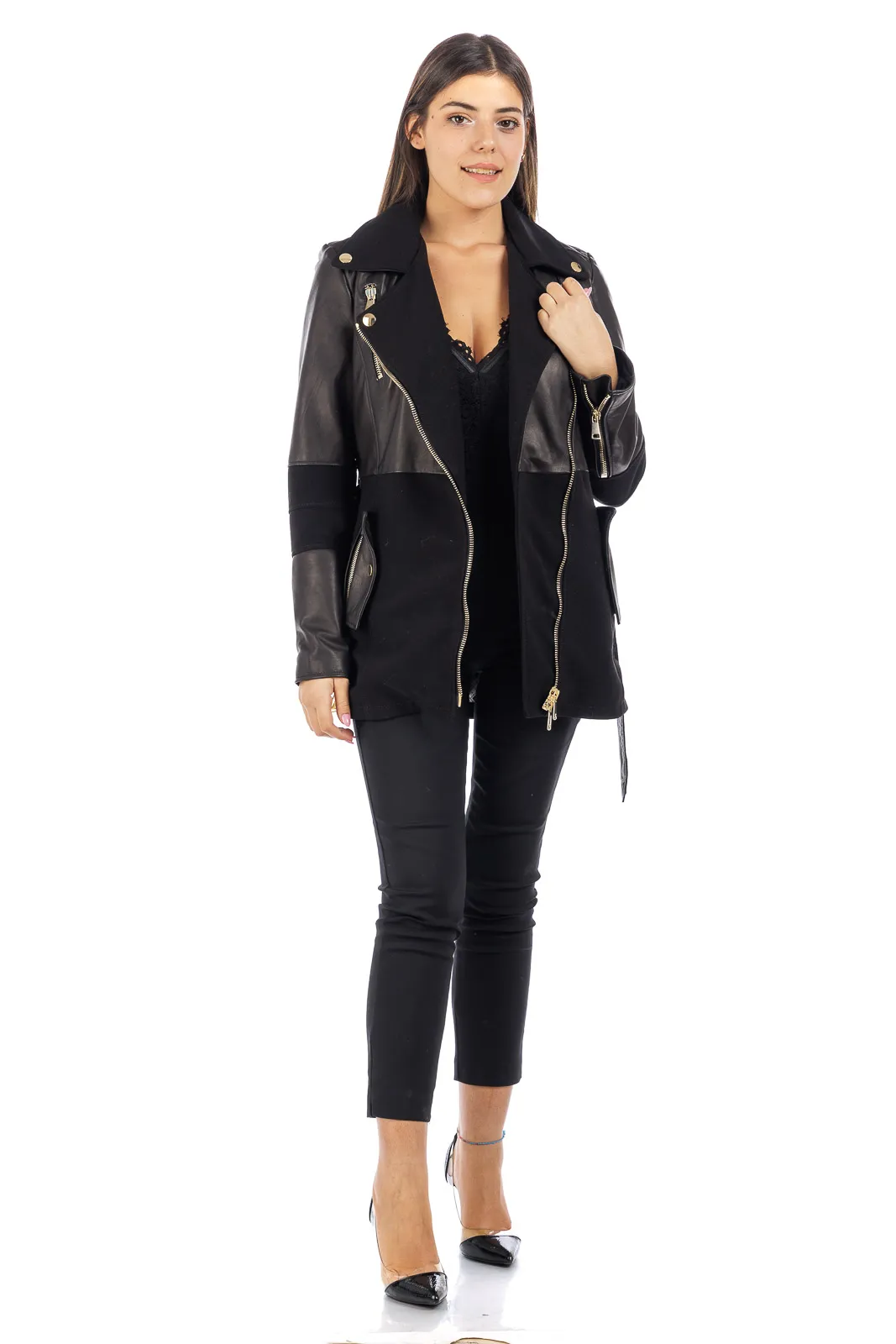 Black zippered coat studded fabric and leather