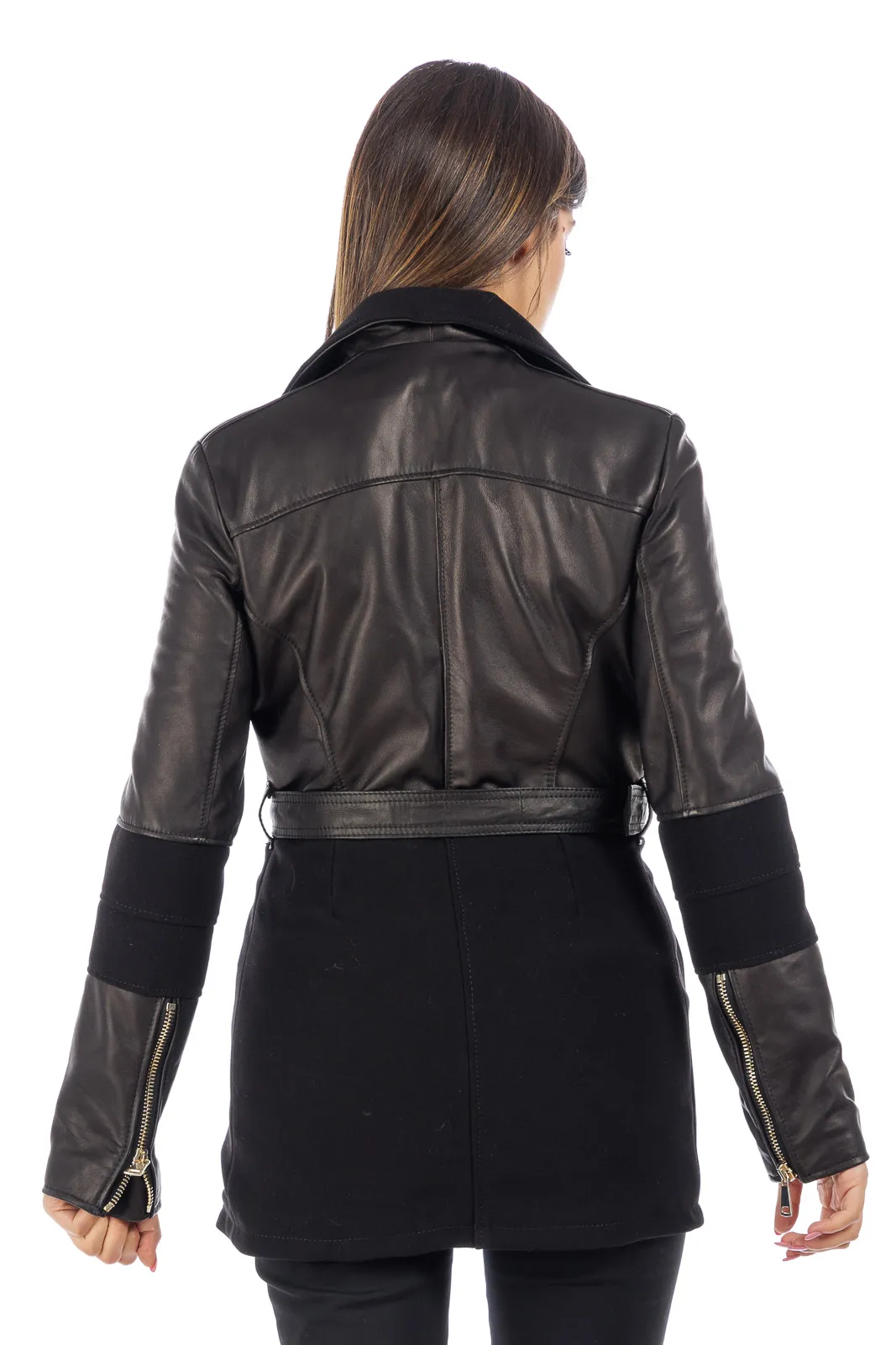 Black zippered coat studded fabric and leather