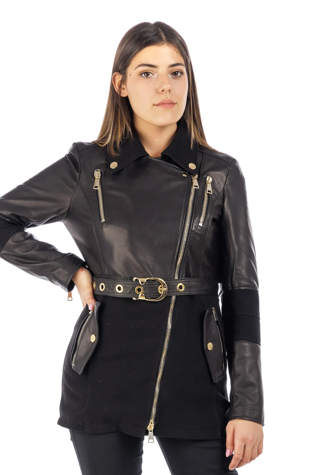 Black zippered coat studded fabric and leather