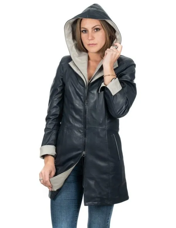 Blue genuine leather women's coat