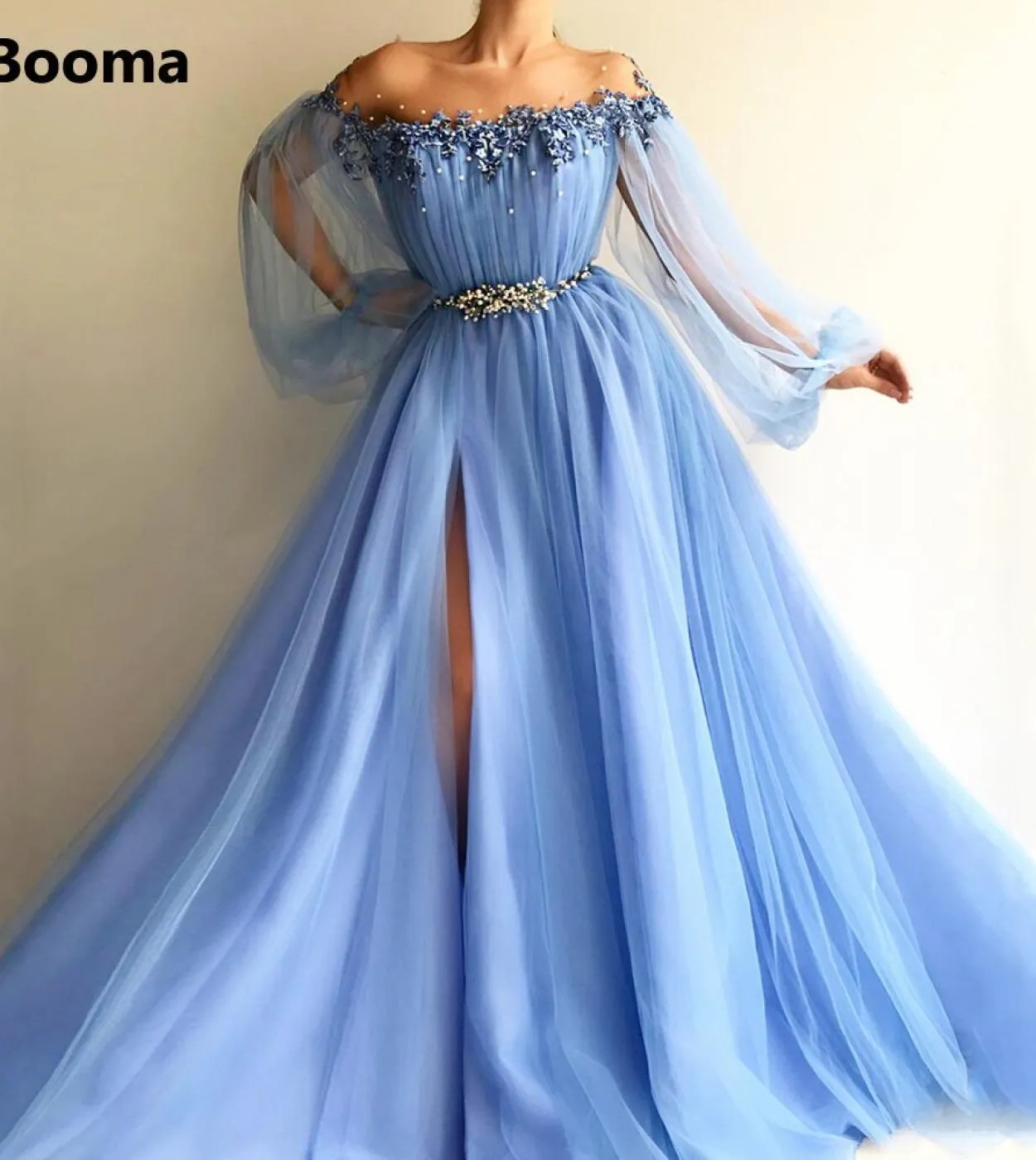 Booma Blue Long Sleeves Evening Dresses Appliques Pearls High Slit Prom Gowns With Belt Aline Tulle Wedding Party Dresse