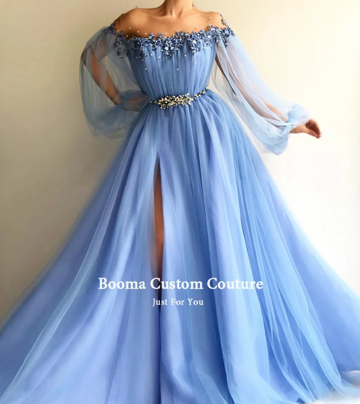 Booma Blue Long Sleeves Evening Dresses Appliques Pearls High Slit Prom Gowns With Belt Aline Tulle Wedding Party Dresse