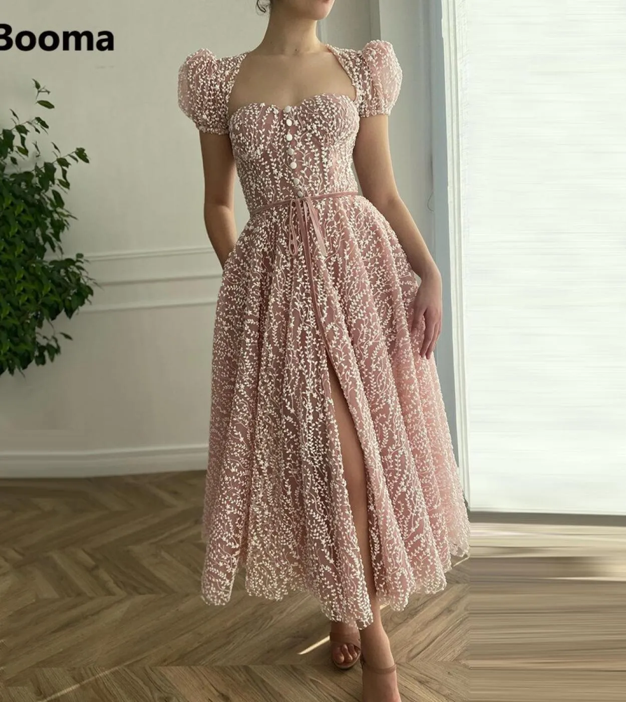 Booma Pink Full Lace Prom Dresses Short Sleeves Sweetheart Slit Tea Length Prom Gowns With Belt Ribbons Wedding Party Dr