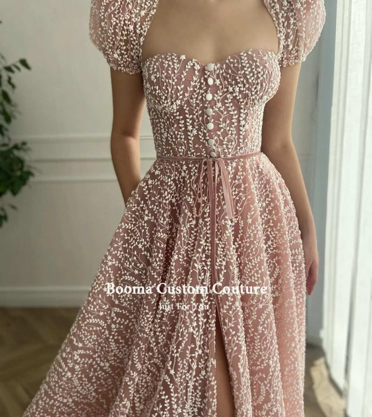 Booma Pink Full Lace Prom Dresses Short Sleeves Sweetheart Slit Tea Length Prom Gowns With Belt Ribbons Wedding Party Dr