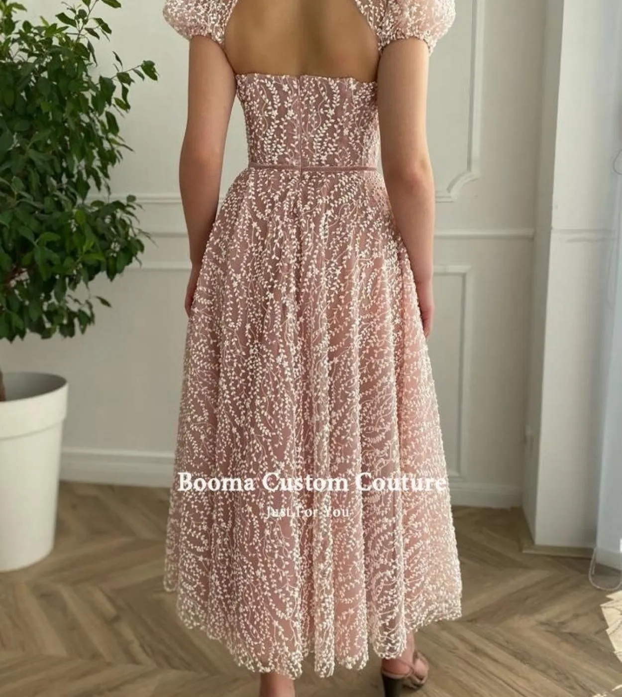 Booma Pink Full Lace Prom Dresses Short Sleeves Sweetheart Slit Tea Length Prom Gowns With Belt Ribbons Wedding Party Dr