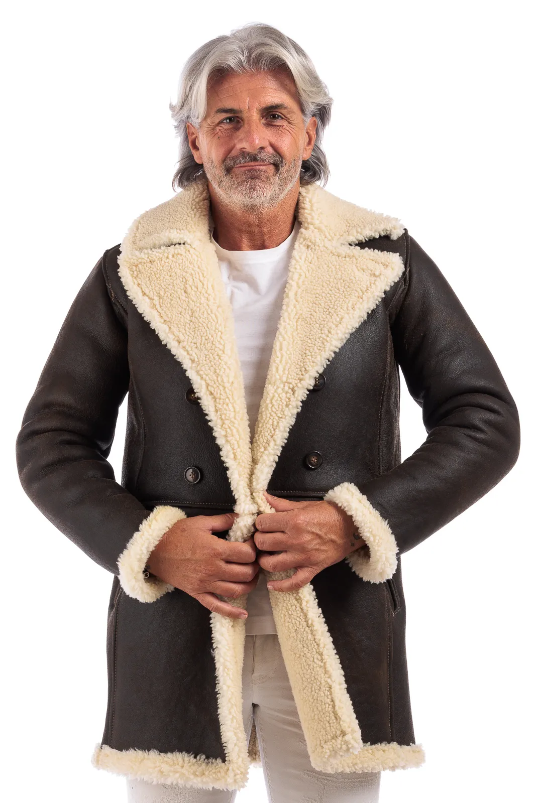 Brown genuine sheepskin coat with cream fur and buttons