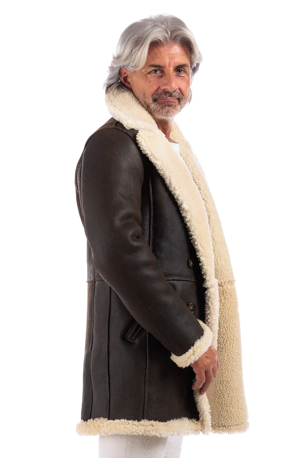 Brown genuine sheepskin coat with cream fur and buttons