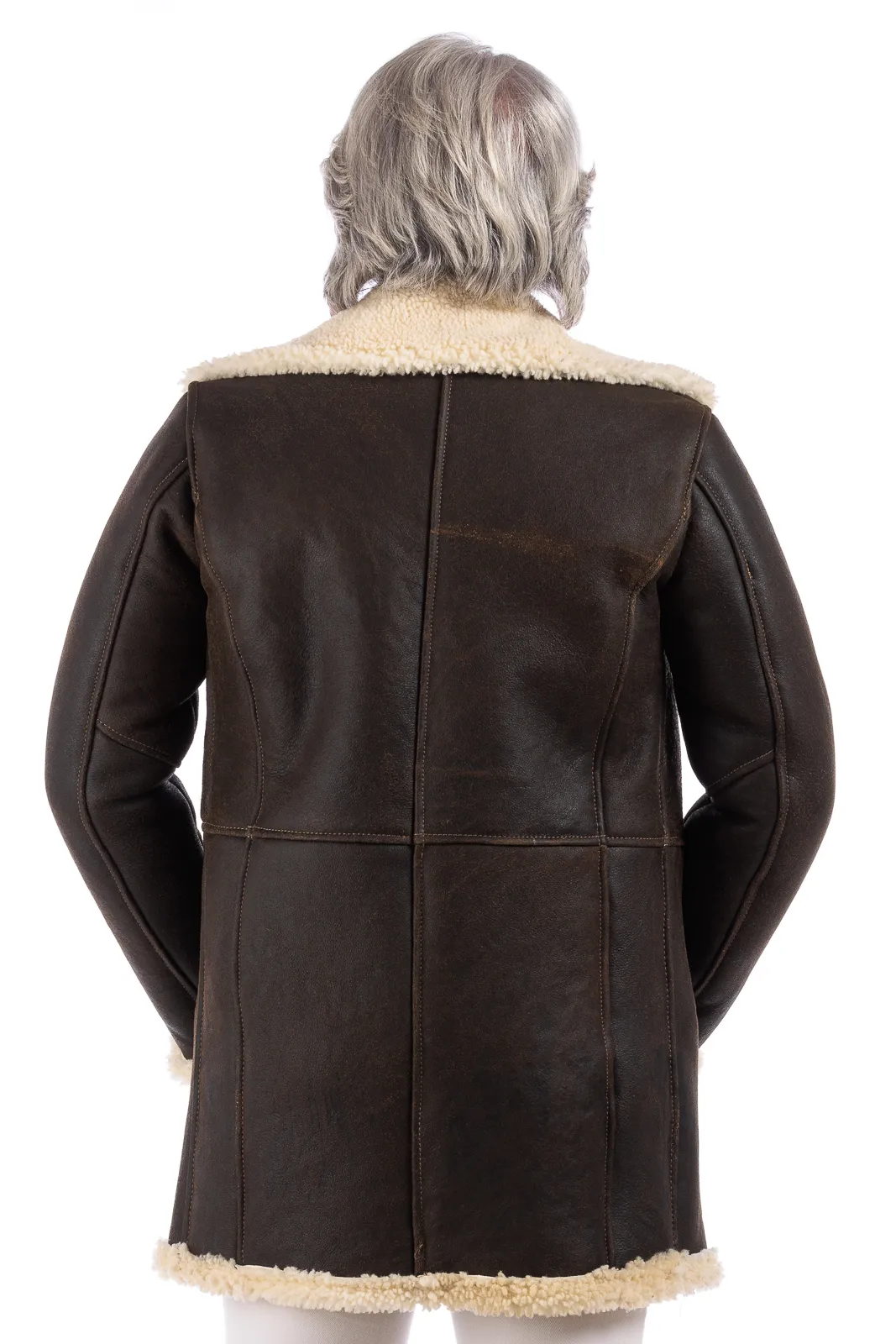 Brown genuine sheepskin coat with cream fur and buttons