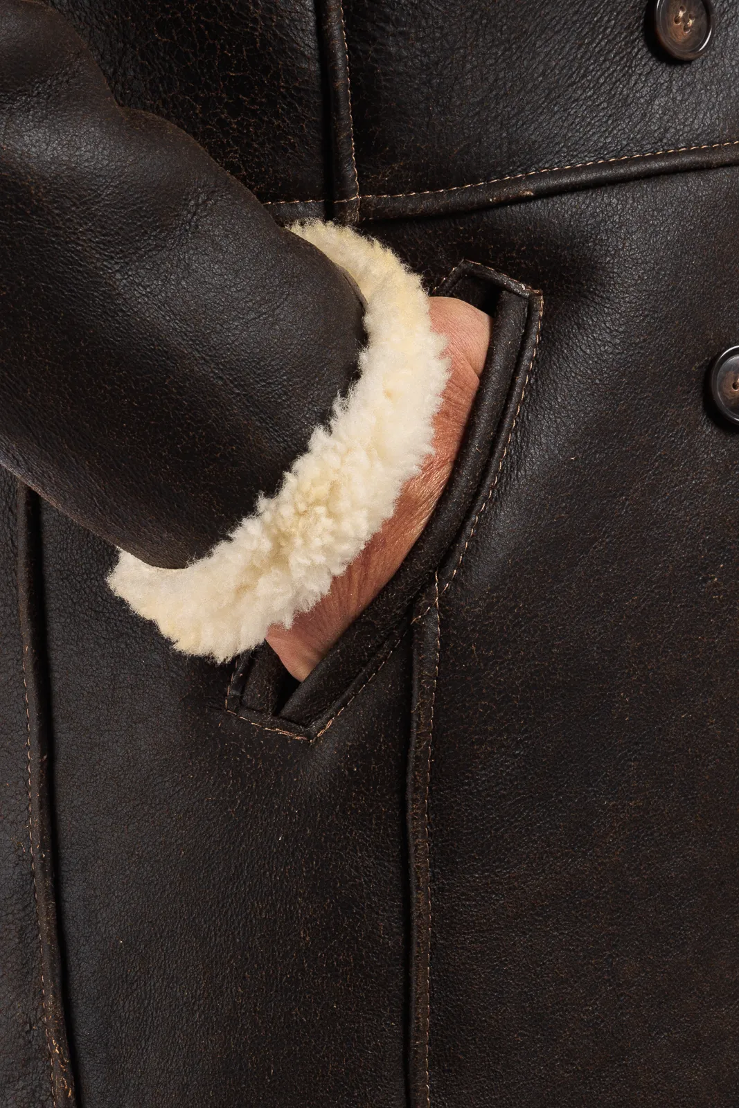 Brown genuine sheepskin coat with cream fur and buttons