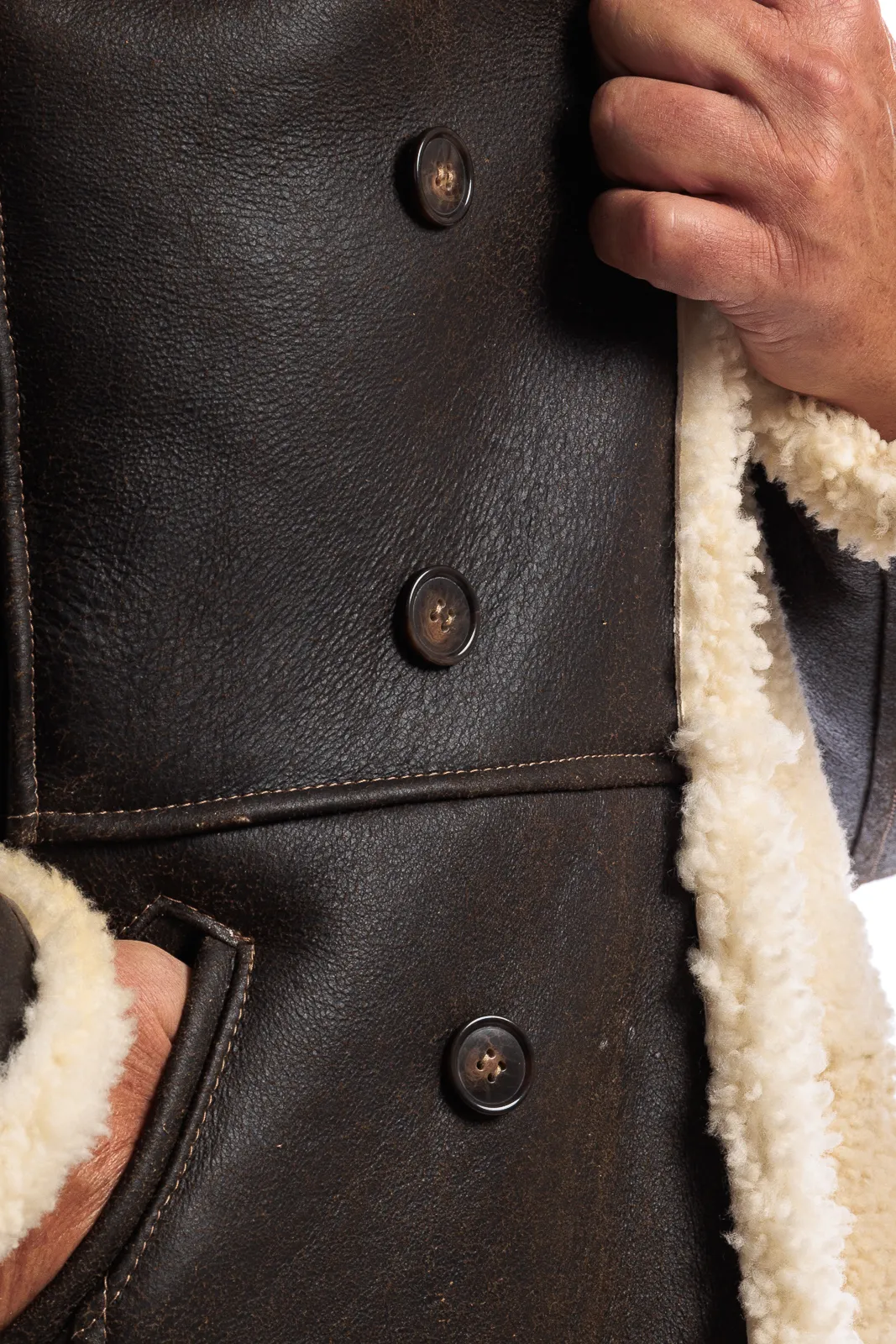 Brown genuine sheepskin coat with cream fur and buttons