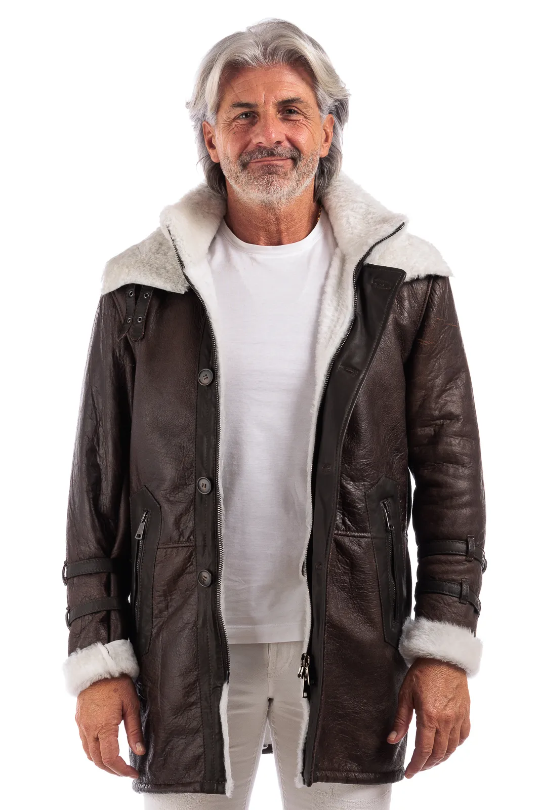 Brown genuine sheepskin coat with white fur and buttons