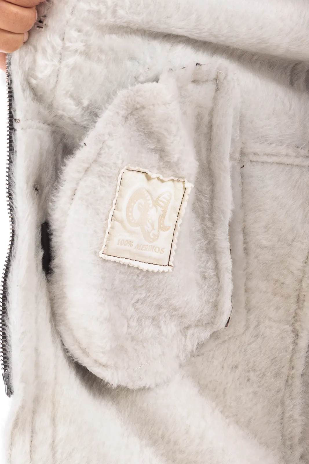 Brown genuine sheepskin coat with white fur and buttons