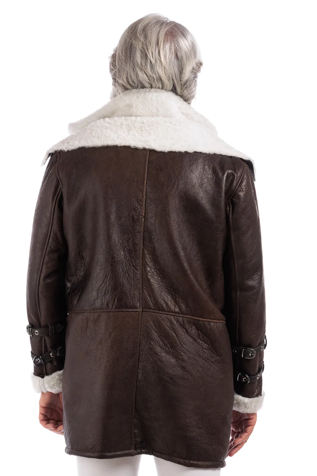 Brown genuine sheepskin coat with white fur and buttons