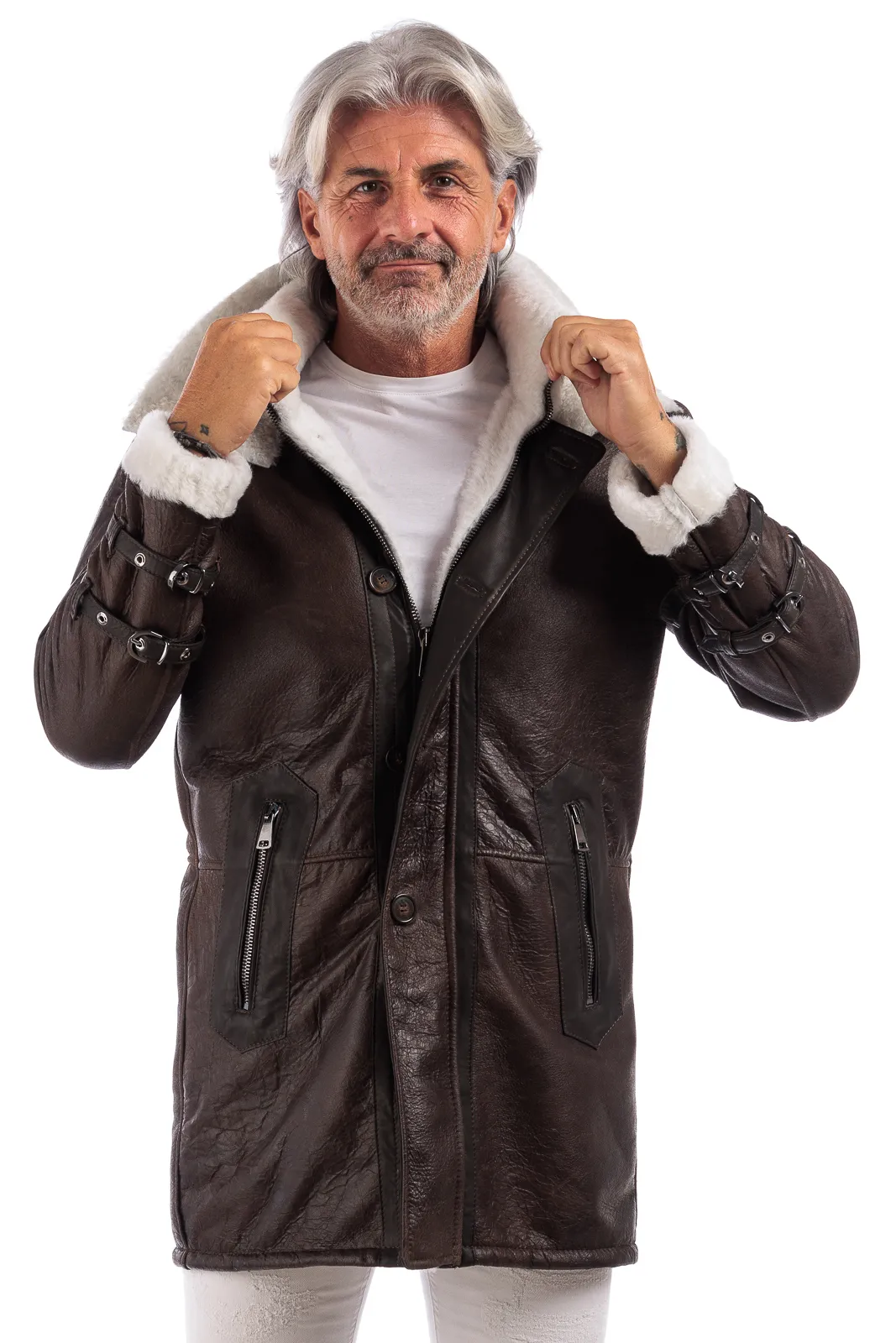 Brown genuine sheepskin coat with white fur and buttons