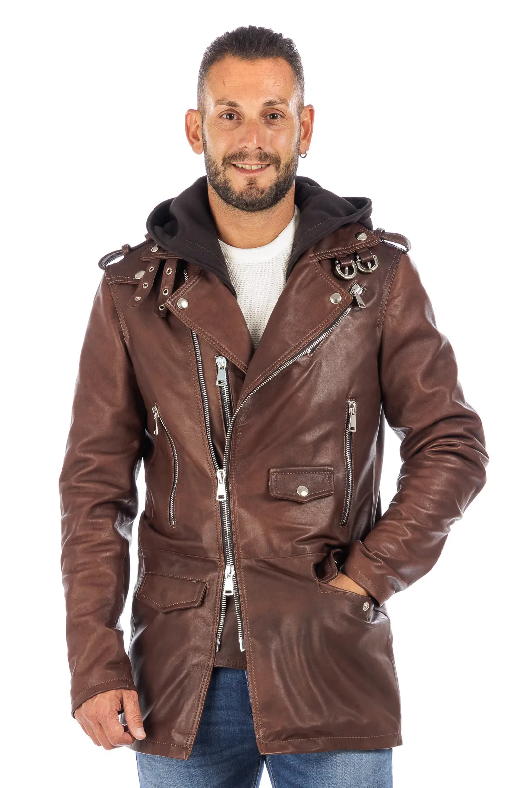 Brown men’s genuine leather zippered studded coat