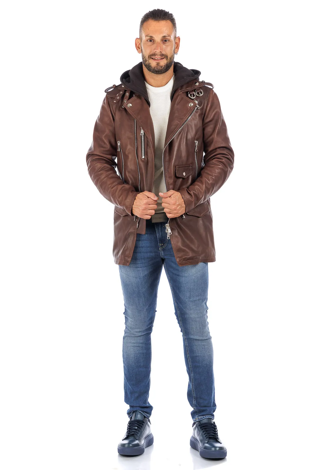 Brown men’s genuine leather zippered studded coat