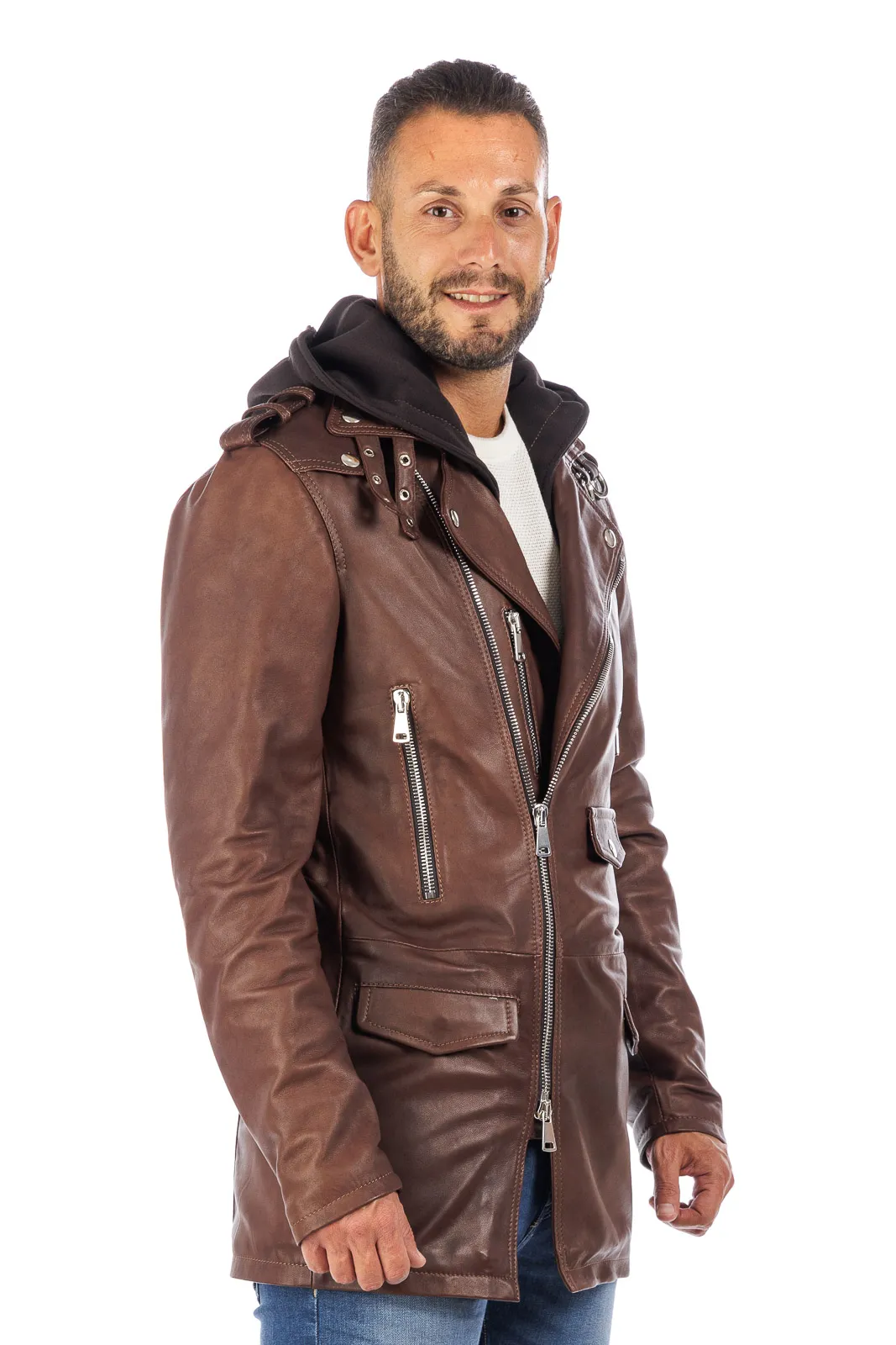 Brown men’s genuine leather zippered studded coat