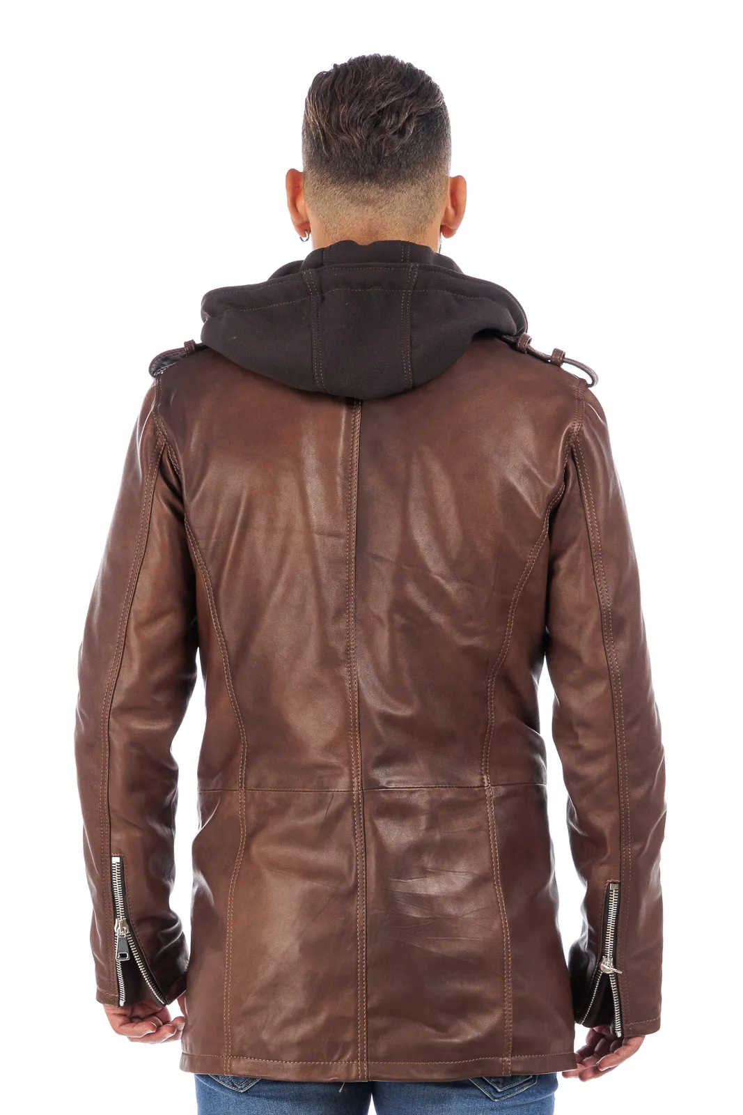 Brown men’s genuine leather zippered studded coat