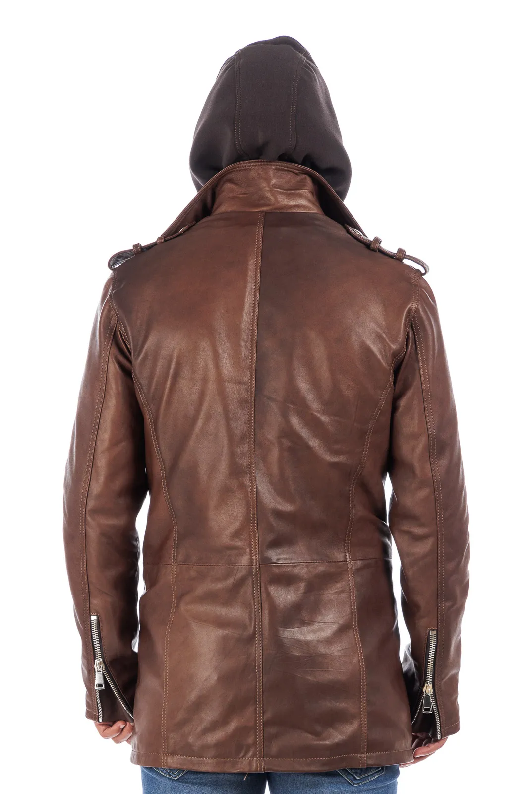 Brown men’s genuine leather zippered studded coat