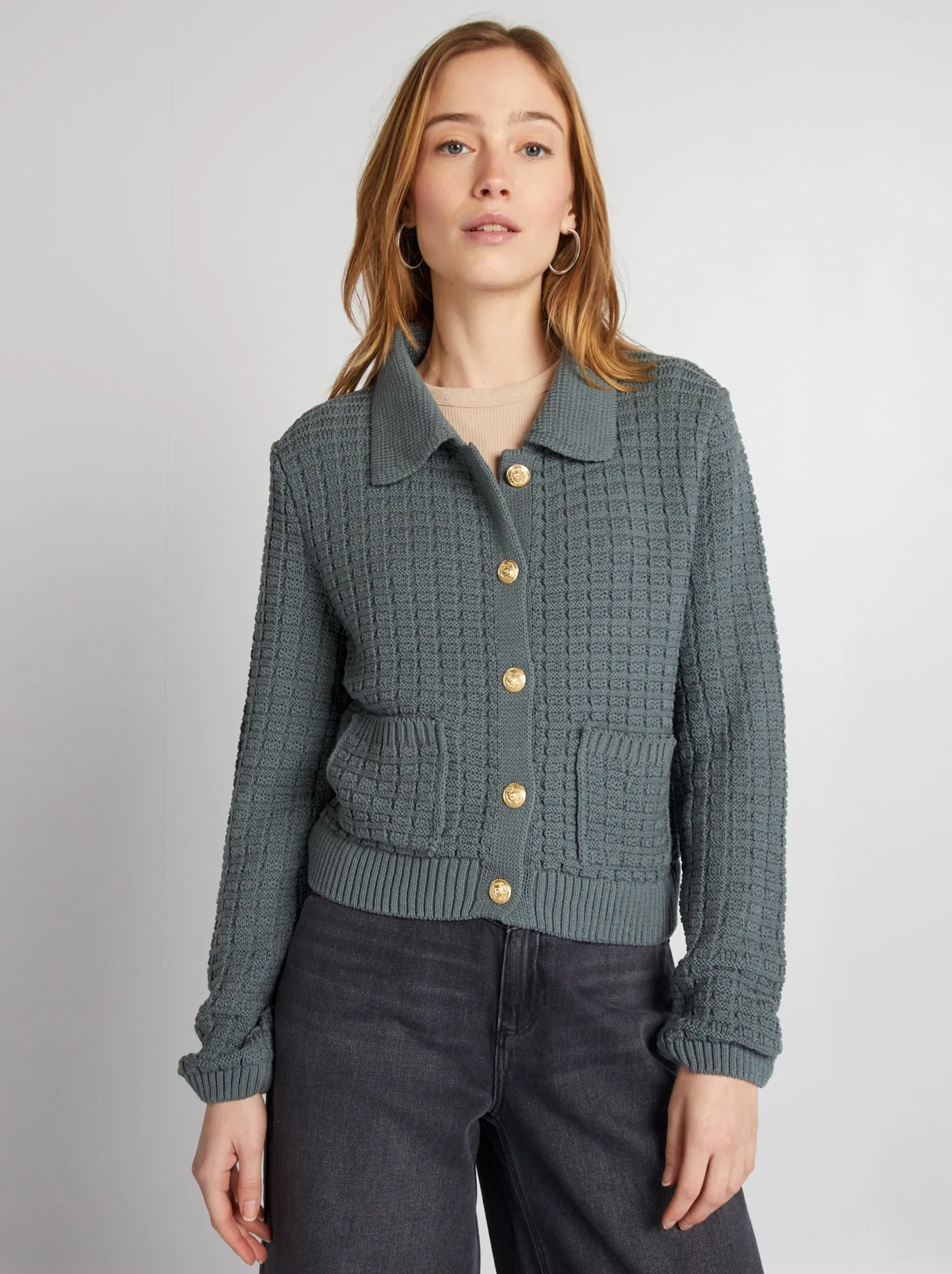 Cardigan collo a polo - GRIGIO