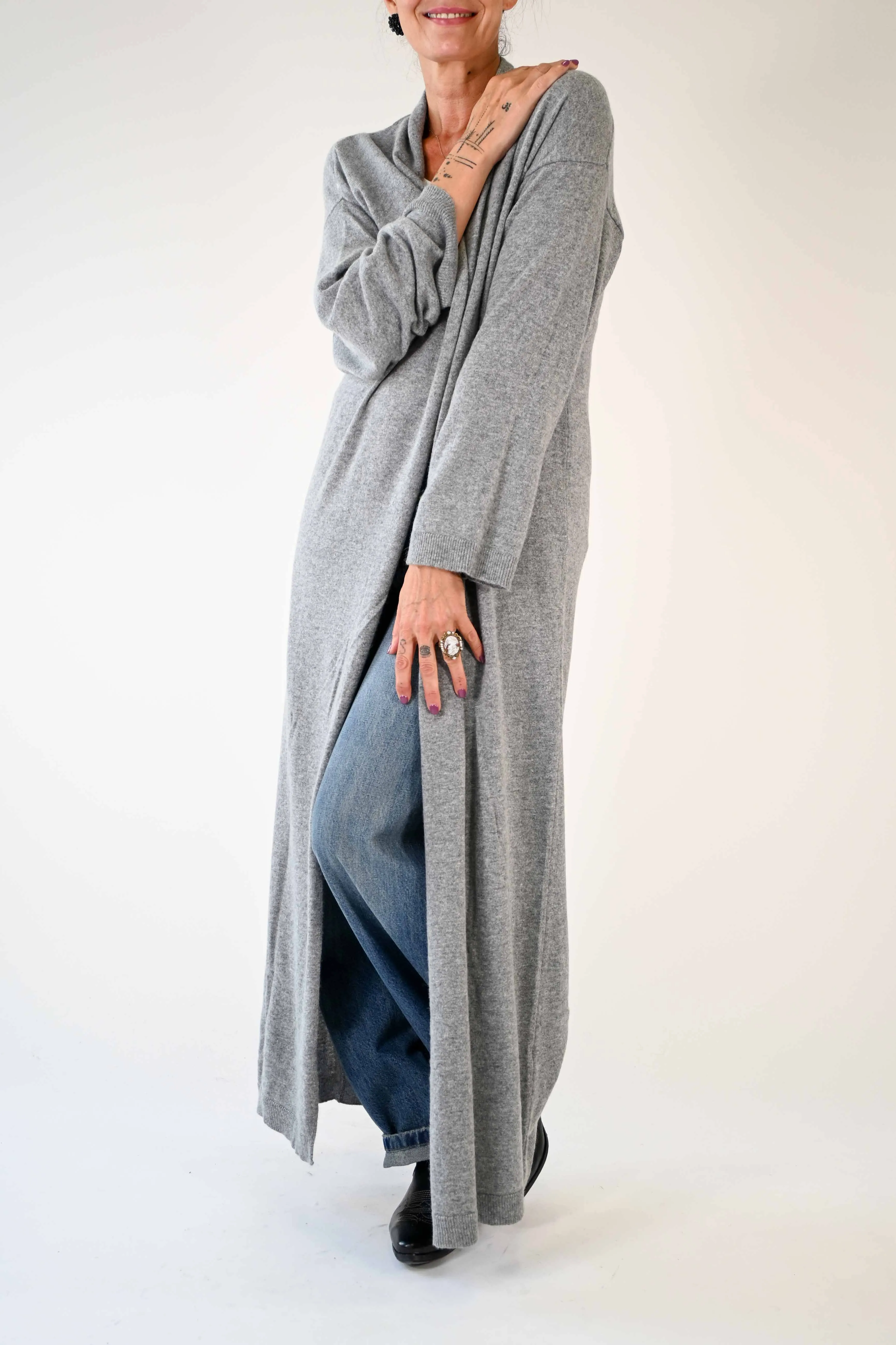 CARDIGAN LUNGO COLLO SCIALLE MISTO CACHEMIRE GRIGIO