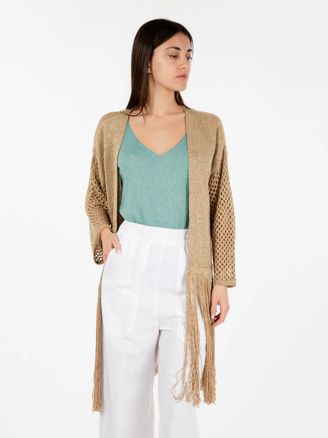 Cardigan lurex con frange oro