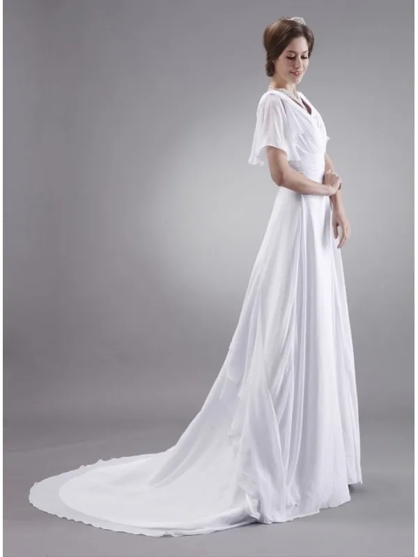 CARRIE - A-line V-neck Chapel train Wedding dress