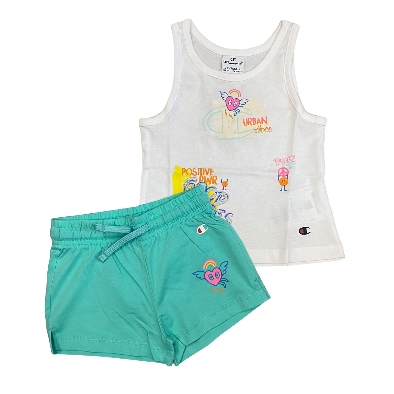 Champion girl's set with tank top and shorts 404931 WW001 white-water green