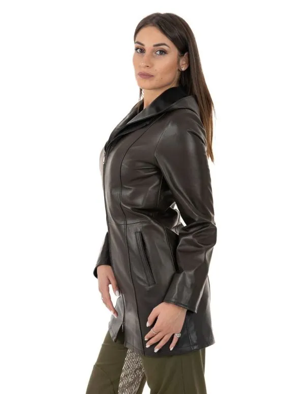 Dark brown genuine leather women's coat