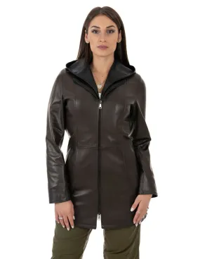 Dark brown genuine leather women's coat