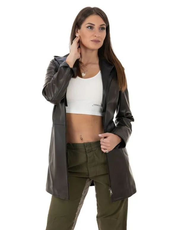 Dark brown genuine leather women's coat