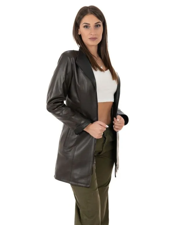 Dark brown genuine leather women's coat