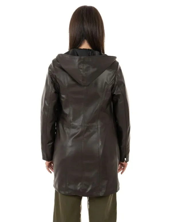 Dark brown genuine leather women's coat