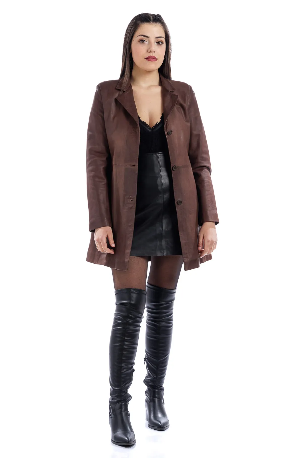 Dark brown women’s leather coat